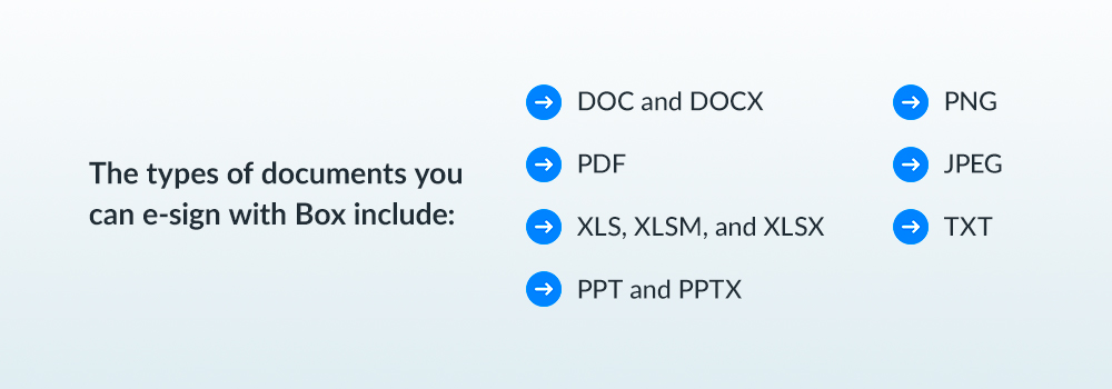 The types of documents you can e-sign include: DOC and DOCX, PDF, XLS, XLSM, AND XLSX, PPT and PPTX, PNG, JPEG, TXT